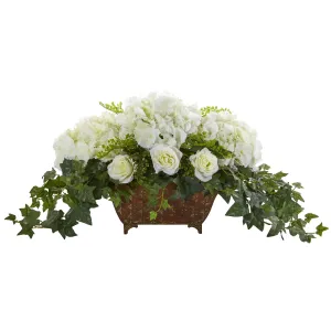 17" Artificial Hydrangea & Rose Arrangement in Metal Planter - Low Maintenance, Life-Like & Vibrant Silk Flowers For Busy People.