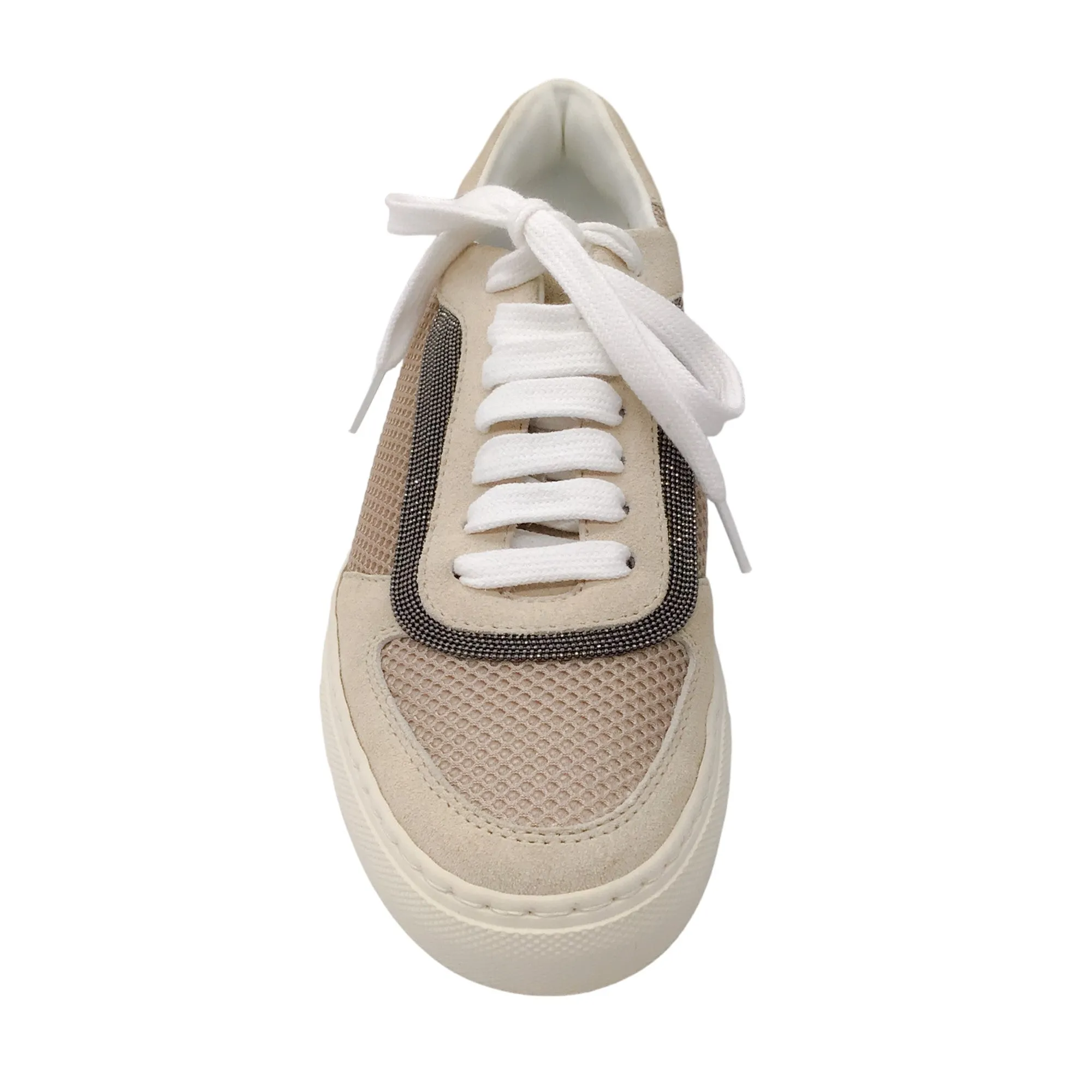 Brunello Cucinelli Beige / Blush Pink Monili Beaded Suede and Mesh Sneakers