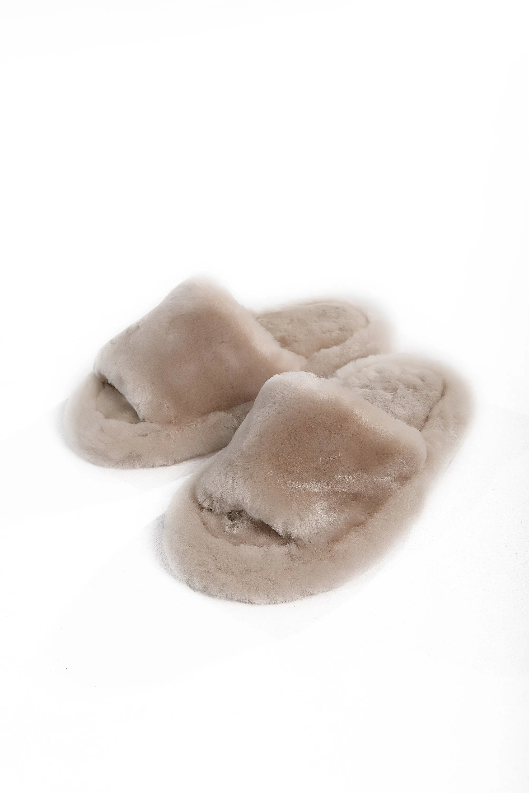 Fluffy Open Toe Sheepskin Mule Slippers for Women in Beige Color