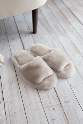 Fluffy Open Toe Sheepskin Mule Slippers for Women in Beige Color