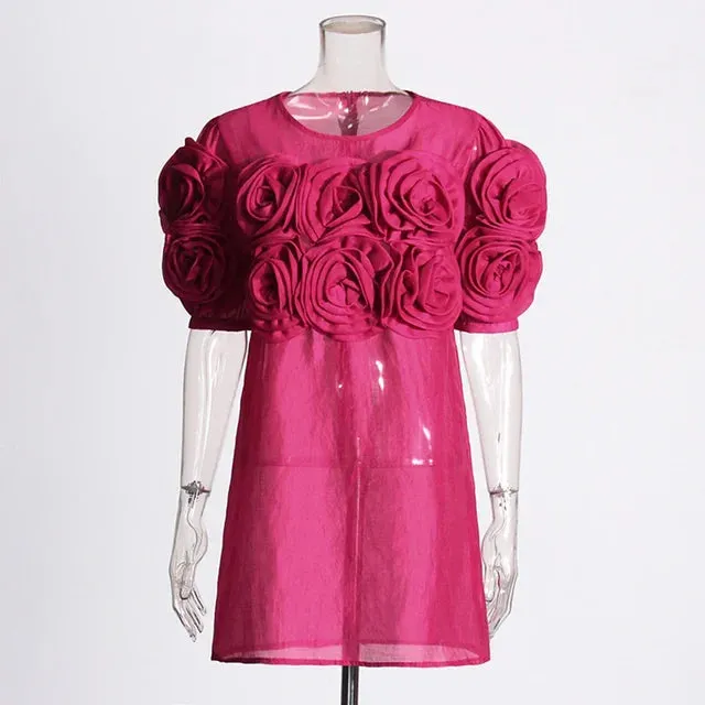 Pre Order:  Retro 3D Rose Fluffy Sleeve Slim Fit Mini Dress