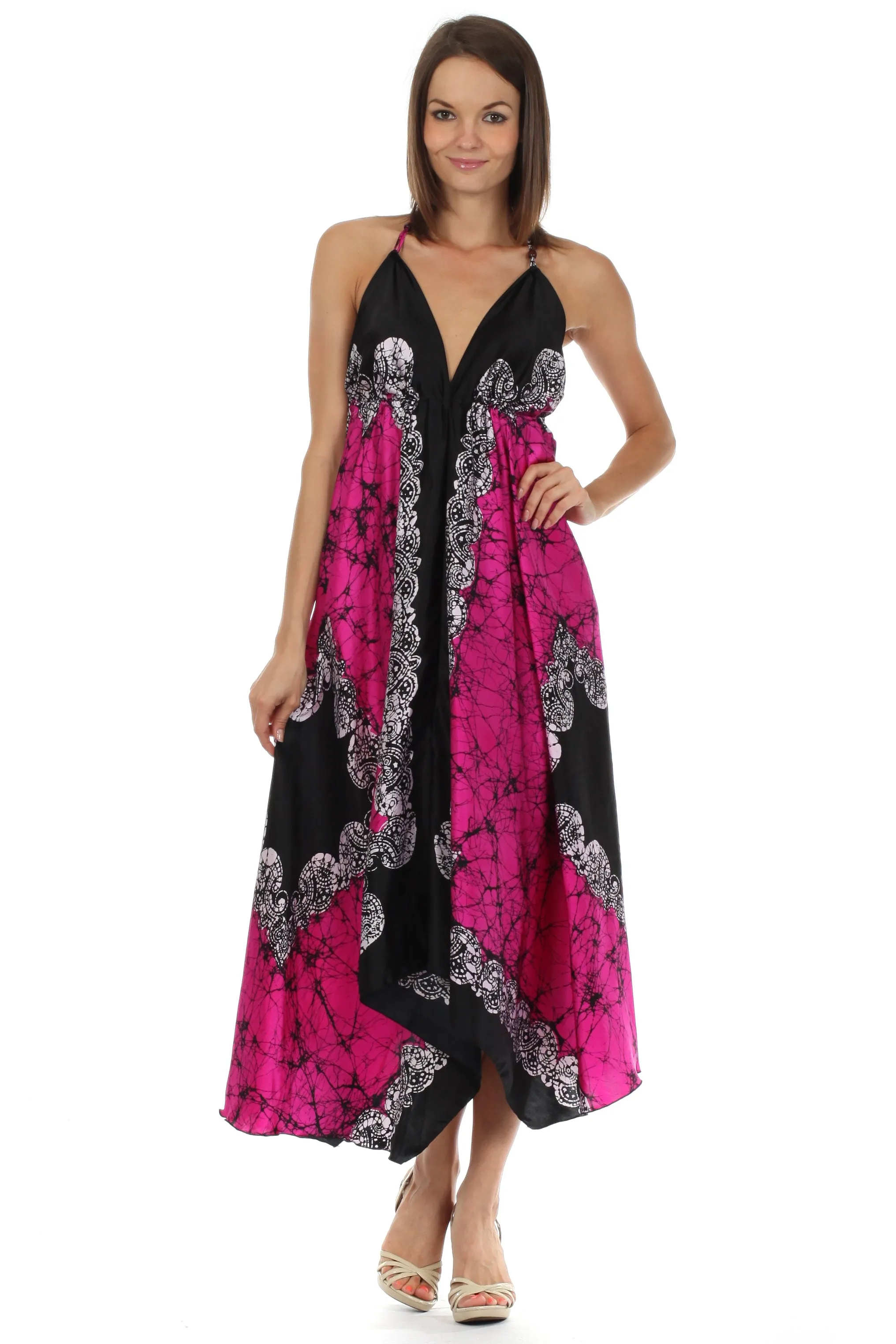 Sakkas Veins Print Satin V-Neck Halter Handkerchief Hem Dress