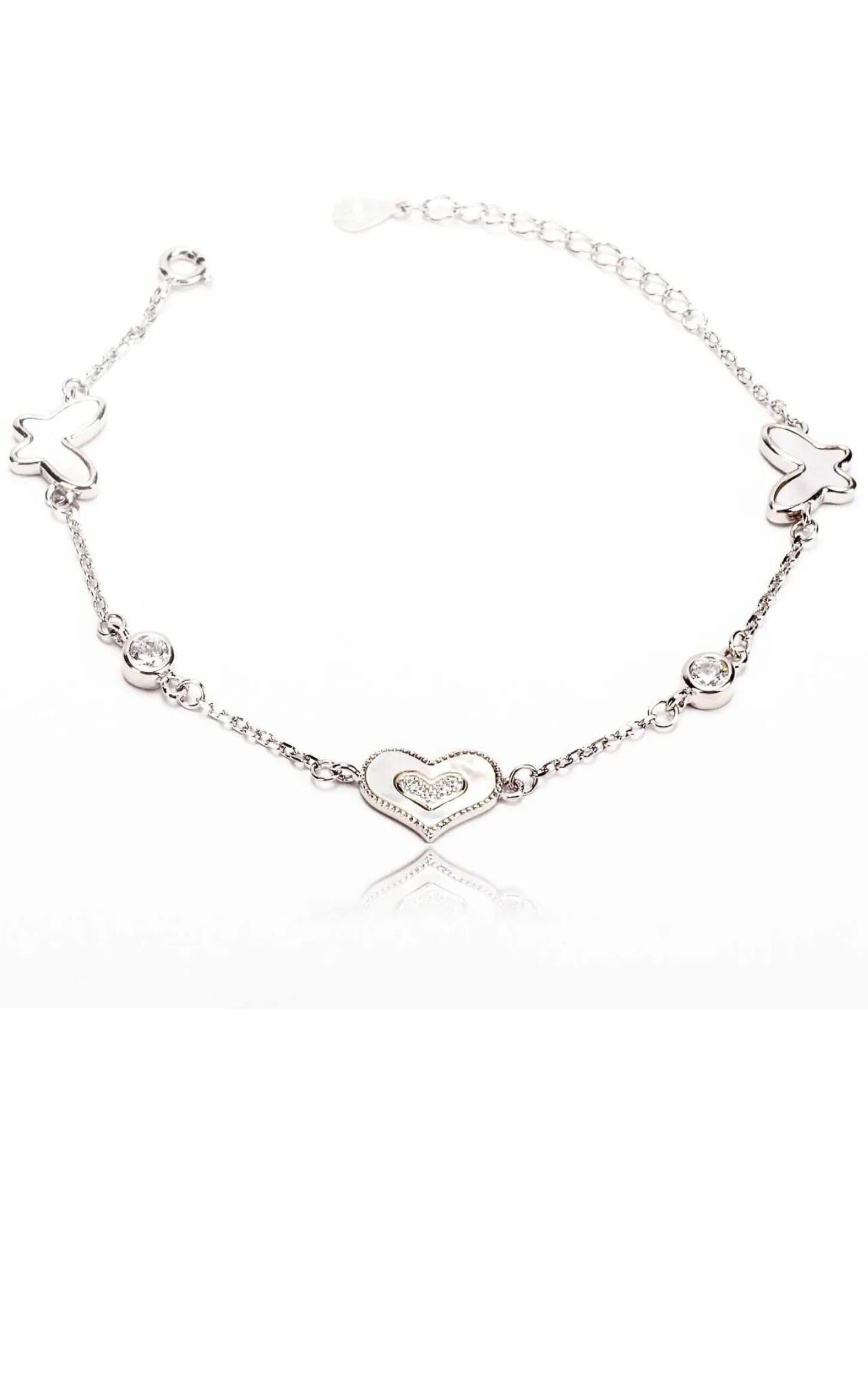 Silver Butterfly Heart Zircon  MOP Bracelet